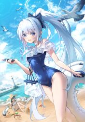 Rule 34 | 2girls, absurdres, animal, bare arms, bare legs, bare shoulders, barefoot, beach, bikini, bird, black hair, blue archive, blue halo, blue one-piece swimsuit, blush, braid, breasts, casual one-piece swimsuit, cellphone, crab, day, frilled one-piece swimsuit, frills, geomdaeng, grey halo, halo, hat, highres, holding, holding phone, innertube, long hair, looking at viewer, miyako (blue archive), miyako (swimsuit) (blue archive), miyu (blue archive), miyu (swimsuit) (blue archive), multiple girls, ocean, off-shoulder one-piece swimsuit, off shoulder, official alternate costume, one-piece swimsuit, open mouth, outdoors, phone, ponytail, purple eyes, seagull, small breasts, smartphone, smile, starfish, straw hat, swim ring, swimsuit, toes, twin braids, white bikini, white hair