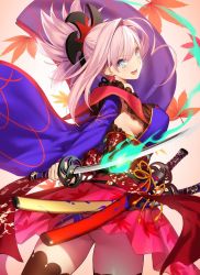 Rule 34 | 1girl, ahoge, ass, black thighhighs, blue eyes, bright pupils, cowboy shot, detached sleeves, fate/grand order, fate (series), fire, hair intakes, hair ornament, katana, long sleeves, looking back, miyamoto musashi (fate), miyamoto musashi (third ascension) (fate), open mouth, pink hair, ponytail, simple background, solo, sword, thighhighs, weapon, yangsion