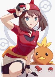 Rule 34 | 1girl, :q, arm up, bad id, bad twitter id, bandana, bike shorts, black shorts, blue eyes, brown hair, creatures (company), csyday, fanny pack, game freak, gen 3 pokemon, gloves, holding, holding poke ball, may (pokemon), nintendo, poke ball, poke ball (basic), poke ball symbol, poke ball theme, pokemon, pokemon (creature), pokemon rse, shorts, skirt, smile, tongue, tongue out, torchic, white skirt