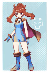 Rule 34 | 1girl, badge, black cape, black eyes, blue background, blue gloves, breasts, brown eyes, brown hair, cape, clair (pokemon), clair (pokemon) (cosplay), cosplay, creatures (company), earrings, fang, fangs, full body, game freak, gloves, gym leader badge, hibikileon, high heels, highres, jewelry, looking at viewer, may (pokemon), medium breasts, medium hair, nintendo, pokemon, pokemon adventures, pokemon hgss, polka dot, polka dot background, solo, standing, twintails