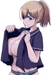 Rule 34 | 1girl, black shirt, blouse, blue eyes, blue panties, breasts, brown hair, commentary request, highres, intrepid (kancolle), kantai collection, kozzy.ta, large breasts, open clothes, panties, ponytail, profile, shirt, short hair, simple background, solo, underwear, upper body, white background