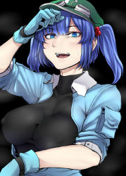 Rule 34 | 1girl, blue eyes, blue hair, blush, breasts, covered erect nipples, gloves, goggles, goggles on headwear, hat, highres, huge breasts, impossible clothes, impossible shirt, kawashiro nitori, matching hair/eyes, nicutoka, no bra, open mouth, shirt, solo, steam, sweat, touhou, unaligned breasts