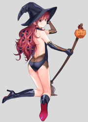 Rule 34 | 1girl, ass, back, backless outfit, bare shoulders, black footwear, black hat, black leotard, boots, broom, chigusa asuha, earrings, elbow gloves, from behind, full body, gloves, grey background, hand up, hat, high heel boots, high heels, holding, jack-o&#039;-lantern, jewelry, knee boots, latex, leotard, long hair, looking at viewer, looking back, qualidea code, red eyes, red hair, sekiya asami, shoe soles, sidelocks, simple background, solo, thighs, wavy hair, witch hat