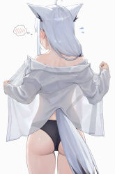 1girl absurdres animal_ears ass blush collared_shirt commentary fox_ears fox_girl fox_tail from_behind highres hololive naked_shirt satellite999 shirakami_fubuki shirt solo symbol-only_commentary tail virtual_youtuber white_hair white_shirt