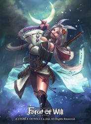 Rule 34 | 1girl, animal ears, rabbit ears, camellia, cloud, copyright name, facial mark, flower, flute, force of will, forehead mark, hair flower, hair ornament, hood, instrument, japanese clothes, low twintails, moon, night, night sky, official art, pink eyes, sky, solo, thighhighs, twintails, white hair