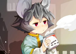 Rule 34 | 1girl, animal ears, blue capelet, capelet, closed mouth, cup, daitai konna kanji, drink, eyebrows, fingernails, from side, grey hair, holding, holding cup, indoors, jitome, long sleeves, looking away, mouse ears, mug, nazrin, pout, red eyes, shirt, short hair, sleeve cuffs, solo, steam, thick eyebrows, touhou, upper body, v-shaped eyebrows, white shirt