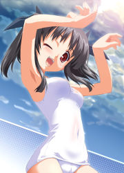 Rule 34 | 1girl, :d, armpits, black hair, caramelldansen, day, hair ribbon, happy, one-piece swimsuit, one eye closed, open mouth, original, outdoors, panties, red eyes, ribbon, school swimsuit, sky, smile, solo, stretching, swimsuit, twintails, underwear, white school swimsuit, white one-piece swimsuit, wink, yamano sachi