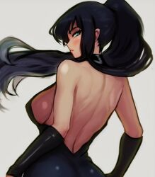 Rule 34 | 1girl, ai-assisted, bare back, bare shoulders, black dress, black hair, blush, breasts, detached sleeves, dress, from behind, grey background, half-closed eyes, highres, large breasts, long hair, looking at viewer, looking back, nape, nico robin, one piece, one piece treasure cruise, ponytail, profile, shiny skin, sideboob, simple background, solo, tsurime, upper body, vcais, white background