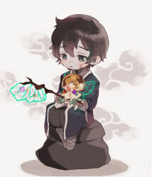 Rule 34 | 2boys, axe, black eyes, black hair, black hanbok, black pants, blonde hair, blush, capelet, chibi, cloud, e.g.o (project moon), earmuffs, fairy wings, fang, hand wraps, holding, holding axe, leg wrap, limbus company, mini person, miniboy, multiple boys, open mouth, pants, parted lips, project moon, simple background, sinclair (project moon), sitting, smile, uchimura (rino0525), white background, white capelet, wings, yi sang (project moon)