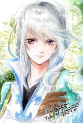 Rule 34 | 10s, bishounen, blue hair, long hair, male focus, mikleo (tales), multicolored hair, official alternate costume, purple eyes, shiitake (gensoudou), smile, solo, tales of (series), tales of zestiria, two-tone hair, very long hair, white hair