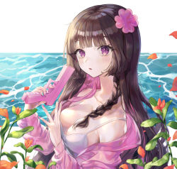 Rule 34 | 1girl, bad id, bad pixiv id, black hair, blouse, braid, breasts, camisole, cleavage, collarbone, finger on trigger, hair ornament, highres, holding, jacket, leaf, long hair, long sleeves, looking at viewer, medium breasts, multicolored hair, multicolored nails, myoushun, nail art, nail polish, off shoulder, open clothes, open jacket, original, parted lips, petals, pink hair, plant, purple eyes, purple jacket, shirt, side braid, single braid, sleeveless, sleeveless shirt, solo, toy, toy gun, two-tone hair, upper body, water, white shirt