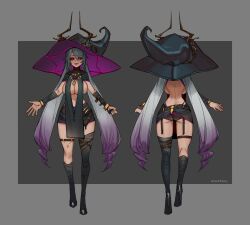 Rule 34 | 1girl, absurdres, ass, back, backboob, black sclera, breasts, butt crack, character name, colored sclera, commentary, english commentary, full body, grey hair, hair between eyes, hat, high heels, highres, large breasts, less, looking at viewer, multiple views, original, purple eyes, purple lips, thigh strap, twintails, witch hat