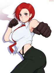 Rule 34 | 1girl, afrobull, artist name, ass, bare shoulders, black pants, blush, breasts, brown gloves, closed mouth, contrapposto, cowboy shot, from side, gloves, grey shirt, highres, large breasts, looking at viewer, looking to the side, necktie, pants, red eyes, red hair, red necktie, shirt, short hair, simple background, snk, solo, standing, the king of fighters, vanessa (kof), white background