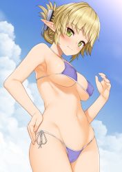 Rule 34 | 1girl, aegis (takunomi), armpits, bare arms, beach, bikini, blonde hair, blue bikini, blue sky, blush, breasts, cameltoe, closed mouth, cloud, cloudy sky, collarbone, covered erect nipples, cowboy shot, day, elf, fingernails, folded ponytail, green eyes, groin, hair between eyes, hand on own hip, hand up, highres, large breasts, long hair, looking at viewer, navel, original, outdoors, pointy ears, short hair, side-tie bikini bottom, sideboob, skindentation, sky, solo, standing, stomach, strap gap, string bikini, swimsuit, takunomi, thighs, underboob, water