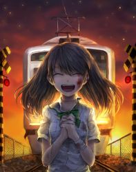 Rule 34 | 1girl, :d, ^ ^, bad id, bad pixiv id, bandages, blood, bow, bowtie, brown hair, closed eyes, false smile, happy, highres, injury, kokemozuku, long hair, open mouth, original, own hands clasped, own hands together, railroad crossing, railroad tracks, smile, solo, suicide, train