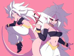 Rule 34 | 1girl, absurdres, android 21, ass, blue eyes, boots, breasts, colored sclera, colored skin, curvy, doppelganger, dragon ball, dragon ball fighterz, earrings, heels, highres, jewelry, large breasts, long hair, looking at viewer, looking back, majin android 21, navel, nekis, pink background, pink skin, red eyes, spiked hair, tail, teeth, upper teeth only, white hair