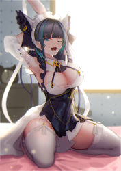 Rule 34 | 1girl, :3, aqua eyes, armpits, azur lane, black hair, blush, breasts, cheshire (azur lane), cleavage, detached sleeves, dress, fang, frills, garter straps, hairband, highres, kneeling, large breasts, lodbyy, looking at viewer, maid headdress, multicolored hair, open mouth, puffy sleeves, ribbon, smile, solo, spread legs, streaked hair, stretching, thighhighs, white thighhighs