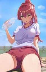 Rule 34 | 1girl, absurdres, black panties, blurry, blurry background, bottle, breasts, gym uniform, headband, heterochromia, highres, holding, holding bottle, hololive, houshou marine, large breasts, long hair, looking at viewer, outdoors, panties, ponytail, red eyes, red hair, red shorts, reulem, shirt, short sleeves, shorts, sitting, solo, underwear, virtual youtuber, water bottle, white headband, white shirt, yellow eyes