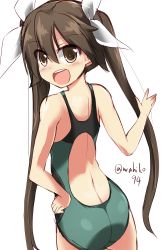 Rule 34 | 10s, 1girl, ass, back, brown eyes, brown hair, competition swimsuit, hair between eyes, hair ribbon, hand on own hip, kantai collection, long hair, looking back, one-piece swimsuit, open mouth, ribbon, smile, solo, swimsuit, testman, tone (kancolle), twintails, wahiko (black bastard)