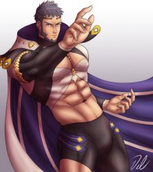Rule 34 | 1boy, abs, absurdres, art vtm, bara, beard, between pectorals, black hair, black pants, bulge, cape, commentary, english commentary, facial hair, fire emblem, fire emblem engage, highres, large pectorals, looking at viewer, male focus, mauvier (fire emblem), muscular, muscular male, navel, nintendo, pants, pectorals, purple cape, short hair, signature, solo, thick thighs, thighs, tight clothes