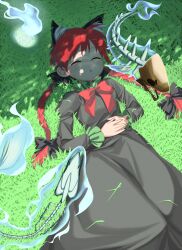 Rule 34 | 1girl, :o, \||/, animal ears, bow, braid, cat ears, dress, fire, fish skeleton, from above, grass, hands on own stomach, highres, hitodama, kaenbyou rin, keiki8296, lying, on back, on grass, open mouth, red hair, skull, sleeping, solo, touhou, twin braids, v-shaped eyebrows