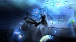 Rule 34 | 1girl, absurdres, bad id, bad pixiv id, black dress, blue eyes, blue hair, bubble, collarbone, dress, fish, hatsune miku, highres, long hair, magicians (zhkahogigzkh), matching hair/eyes, md5 mismatch, open mouth, shinkai shoujo (vocaloid), sitting, solo, twintails, underwater, very long hair, vocaloid
