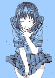 Rule 34 | 10s, 1girl, ^ ^, ^o^, blue background, blue theme, closed eyes, covering privates, covering crotch, closed eyes, fubuki (kancolle), kantai collection, kouji (campus life), laughing, low ponytail, monochrome, pleated skirt, sailor collar, school uniform, serafuku, short sleeves, simple background, skirt, skirt tug, sleeve cuffs, smile, solo, thighs, wind, wind lift