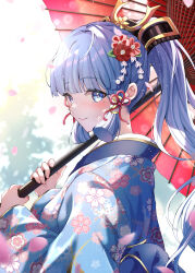 Rule 34 | 1girl, absurdres, alternate costume, ayaka (genshin impact), blue eyes, blue hair, blue kimono, blunt bangs, blunt tresses, blurry, blurry background, closed mouth, commentary, falling petals, floral print, flower, genshin impact, hair flower, hair ornament, highres, holding, holding umbrella, japanese clothes, kimono, light blue hair, long hair, looking at viewer, looking to the side, oil-paper umbrella, petals, pink flower, ponytail, print kimono, red flower, smile, solo, umbrella, upper body, wanatsu 15, wide sleeves