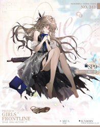 Rule 34 | 1girl, bag, bare legs, bare shoulders, barefoot, belt, black belt, black dress, blonde hair, blue bow, blue bowtie, bow, bowtie, breasts, character name, closed eyes, closed mouth, commentary request, copyright name, cosmetics, dress, flower, girls&#039; frontline, hair flower, hair ornament, hand on hand, highres, lipstick tube, long hair, medium breasts, mole, mole under eye, official art, petals, rose, shoes, sitting, solo, sp9 (girls&#039; frontline), sp9 (slumbering starry dream) (girls&#039; frontline), toes, torn clothes, torn dress, unworn bag, unworn shoe, unworn shoes, weapon, white dress, white flower, white rose, youamo