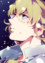 Rule 34 | 10s, 1boy, bad id, bad pixiv id, barnaby brooks jr., blonde hair, glasses, green eyes, jacket, jewelry, male focus, nakajou akira, necklace, portrait, snowing, solo, tears, tiger &amp; bunny