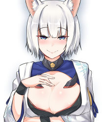 Rule 34 | 1girl, absurdres, animal ears, areola slip, azur lane, blue eyes, blunt bangs, blush, bob cut, breast hold, breasts, cleavage, closed mouth, collar, commentary request, fox ears, half-closed eyes, hand on own chest, heart, heart-shaped pupils, highres, japanese clothes, kaga (azur lane), kimono, kiritto, large breasts, long sleeves, looking at viewer, no bra, open clothes, open kimono, seductive smile, silver hair, simple background, smile, sweatband, symbol-shaped pupils, upper body, white background, white kimono, wide sleeves