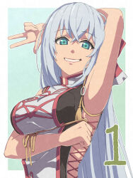 Rule 34 | 1girl, arm behind head, armpits, arms under breasts, blue eyes, border, breasts, chiharu (9654784), commentary request, countdown, cross-laced slit, crossed bangs, eiyuu densetsu, eyelashes, grey hair, highres, kai no kiseki, kuro no kiseki (series), large breasts, long hair, looking at viewer, outside border, presenting armpit, raised eyebrows, red trim, shizuna rem misurugi, smile, solo, upper body, w, white border