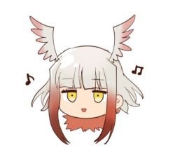 Rule 34 | 10s, 1girl, :d, bird wings, black hair, blunt bangs, chibi, empty eyes, eyelashes, feather trim, feathered wings, head wings, japanese crested ibis (kemono friends), kemono friends, long hair, lowres, multicolored wings, music, musical note, narita imomushi, no nose, open mouth, red hair, red wings, short hair with long locks, sidelocks, silver hair, simple background, singing, smile, solo, upper body, white background, white wings, wings, yellow eyes