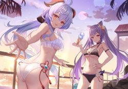 Rule 34 | 2girls, absurdres, ahoge, ass, bikini, blue hair, breasts, closed mouth, cone hair bun, double bun, flower, flower knot, food, from behind, ganyu (genshin impact), genshin impact, goat horns, hair bun, hair flower, hair ornament, hand on own hip, highres, holding, holding food, horns, ice cream cone, keqing (genshin impact), large breasts, long hair, looking at viewer, looking back, medium breasts, mirufuaa, multiple girls, navel, open hand, open mouth, outdoors, outstretched arm, purple hair, red eyes, slime (genshin impact), smile, standing, stomach, sunset, swimsuit, twintails, very long hair, vision (genshin impact), wet, white bikini, white flower