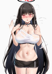 1girl absurdres azur_lane baltimore_(azur_lane) baltimore_(azur_lane)_(cosplay) baltimore_(black_ace)_(azur_lane) black_hair black_halo blue_archive blush breasts bright_pupils cosplay hair_ornament hairclip hairpin halo highres large_breasts long_hair looking_at_viewer navel no_tattoo red_eyes rio_(blue_archive) solo sweat very_long_hair white_pupils yoshimoto_(carpsukidayo)