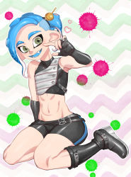 Rule 34 | 1boy, abs, bike shorts, black bike shorts, black footwear, black shorts, blue hair, blue tongue, boots, colored tongue, fangs, fingerless gloves, full body, gloves, green eyes, highres, looking at viewer, m/, male focus, midriff, muscular, navel, nintendo, octoling, octoling boy, octoling player character, open mouth, short ponytail, short shorts, shorts, smile, solo, souzaipan, splatoon (series), splatoon 2, splatoon 2: octo expansion, suction cups, tentacle hair