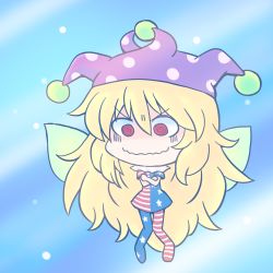 Rule 34 | &gt;:), 1girl, 216, @ @, american flag dress, american flag legwear, asymmetrical clothes, blonde hair, blue background, chibi, clownpiece, crossed arms, fairy wings, gradient background, hat, jester cap, light particles, long hair, looking at viewer, lowres, pantyhose, polka dot headwear, red eyes, simple background, solo, striped clothes, striped pantyhose, touhou, v-shaped eyebrows, very long hair, wavy mouth, wings
