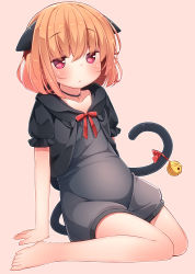 Rule 34 | 1girl, :&lt;, animal ears, arm support, bare legs, barefoot, bell, black dress, blush, cat ears, cat tail, collarbone, commentary request, dress, eyebrows, flat chest, fujiwara gacho, full body, highres, jitome, light brown hair, looking at viewer, original, pink background, puffy short sleeves, puffy sleeves, red eyes, ribbon, shiny skin, short hair, short sleeves, simple background, sitting, solo, tail, tail bell, tail ornament, tail ribbon, wariza