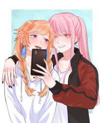 Rule 34 | 2girls, alternate costume, alternate hairstyle, arm around neck, arm around shoulder, arm over shoulder, black nails, blush, breasts, camera, cellphone, couple, earrings, feather earrings, feathers, gradient hair, highres, holding, holding phone, hololive, hololive english, hood, hoodie, jacket, jewelry, looking at another, low twintails, miyamoto (dominocube6), mori calliope, mori calliope (streetwear), multicolored hair, multiple girls, nail polish, orange hair, outstretched arm, phone, pink hair, ponytail, purple eyes, red eyes, selfie, smartphone, smile, takanashi kiara, taking picture, track jacket, twintails, virtual youtuber, yuri