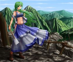 Rule 34 | 1girl, abs, adapted costume, alternate costume, bare shoulders, belt, boots, covered erect nipples, crop top, crop top overhang, full body, gohei, green eyes, green hair, hair ornament, hair tubes, hater (hatater), highres, hip vent, japanese clothes, kochiya sanae, landscape, long hair, long skirt, looking at viewer, matching hair/eyes, midriff, miko, mountain, muscular, nature, navel, non-web source, nontraditional miko, off shoulder, oonusa, open clothes, open vest, skirt, sleeveless, smile, snake hair ornament, solo, tank top, toned, touhou, vest