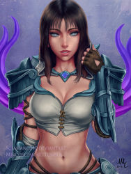 Rule 34 | 1girl, armor, blind, breasts, brown gloves, brown hair, cleavage, commentary, crop top, dated, deviantart username, english commentary, fingerless gloves, gloves, grey eyes, unworn headwear, helmet, unworn helmet, highres, hood, hood down, italian commentary, jewelry, large breasts, lips, long hair, looking at viewer, midriff, mixed-language commentary, navel, nemesis (smite), no pupils, nose, nostrils, parted lips, patreon username, photoshop (medium), realistic, rope, sciamano240, shoulder armor, signature, smite, solo, stomach, watermark, web address