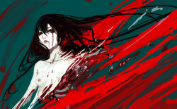 Rule 34 | 1girl, black hair, blood, blood from mouth, bloody tears, breasts, collarbone, colored skin, frown, guro, long hair, nipples, original, red eyes, rui li, small breasts, solo, upper body, white skin