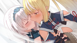 Rule 34 | 2girls, absurdres, bare shoulders, black gloves, blonde hair, blush, braid, breasts, cleavage, closed eyes, curtains, dark-skinned female, dark skin, day, dutch angle, elf, fingerless gloves, gloves, high ponytail, highres, holding hands, hololive, imminent kiss, interlocked fingers, light, long hair, looking at another, mole, mole on breast, multiple girls, parted lips, pointy ears, shiranui flare, shiranui flare (old design), shirogane noel, shirogane noel (1st costume), silver hair, tonarikeru, upper body, virtual youtuber, yuri