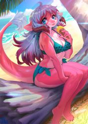 Rule 34 | 1girl, :p, beach, blue eyes, blue hair, borrowed character, colored skin, commission, day, dragon horns, dragon tail, female focus, food, furry, furry female, highres, horns, ice cream, ice cream cone, inuki (aruurara), log, multicolored hair, ocean, original, outdoors, palm tree, pink hair, pink skin, sand, sitting, smile, solo, tail, tongue, tongue out, tree, water