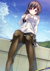 Rule 34 | 1girl, absurdres, artist name, black skirt, blue sky, blush, breasts, brown hair, brown pantyhose, can, character name, china moeka, closed mouth, cloud, day, from below, hair between eyes, hair ornament, hairclip, high school fleet, highres, holding, holding can, jacket, long hair, long sleeves, looking at viewer, medium breasts, military, military uniform, miniskirt, official art, outdoors, panties, pantyhose, pantyshot, pleated skirt, purple eyes, sitting, skirt, sky, smile, solo, underwear, uniform, white jacket, wingheart