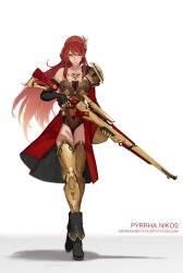 Rule 34 | armor, bare shoulders, black footwear, black gloves, breasts, cleavage, collarbone, commentary, detached sleeves, dishwasher1910, elbow gloves, english commentary, facing viewer, gloves, greaves, green eyes, gun, hair ornament, leg armor, leotard, long hair, ponytail, pyrrha nikos, red hair, rifle, rwby, shoulder armor, smile, swept bangs, thighs, vambraces, weapon
