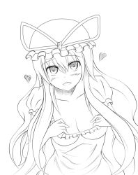 Rule 34 | 1girl, bad id, bad pixiv id, blush, breasts, cleavage, greyscale, hat, heart, lineart, long hair, looking at viewer, monochrome, open mouth, simple background, smile, solo, touhou, very long hair, white background, yakumo yukari, zetsumame