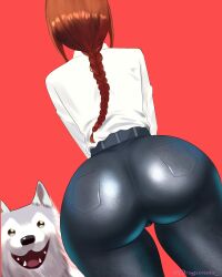 Rule 34 | 1girl, absurdres, artist name, ass, ass focus, braid, braided ponytail, brown hair, chainsaw man, dog, dragonista, from behind, highres, huge ass, husky, long sleeves, makima (chainsaw man), red background, red hair, self-upload, shirt, simple background, white shirt