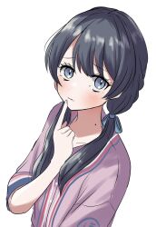 Rule 34 | 1girl, baseball jersey, black hair, blue eyes, blue ribbon, blush, collarbone, commentary request, finger to own chin, hair ribbon, highres, jersey, link! like! love live!, long hair, looking at viewer, love live!, low twintails, mole, mole on neck, murano sayaka, natsu (natsukikenken), purple shirt, ribbon, shirt, short sleeves, simple background, solo, twintails, upper body, virtual youtuber, wavy mouth, white background