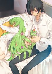 Rule 34 | 1boy, 1girl, arched back, bed sheet, black hair, bottomless, bow, c.c., cheese-kun, closed eyes, closed mouth, clover hair ornament, code geass, collared shirt, creayus, denim, dress shirt, food-themed hair ornament, four-leaf clover hair ornament, hair bow, hair ornament, hairdressing, indoors, jeans, lelouch vi britannia, long hair, long sleeves, lying, naked shirt, hugging object, on bed, on side, pants, pillow, pillow hug, pink bow, purple eyes, shirt, sitting, sleeping, smile, straight hair, very long hair, white shirt, wing collar